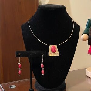 Chic Artist-Made Silver Necklace and Earring Set with Dark Red Accents